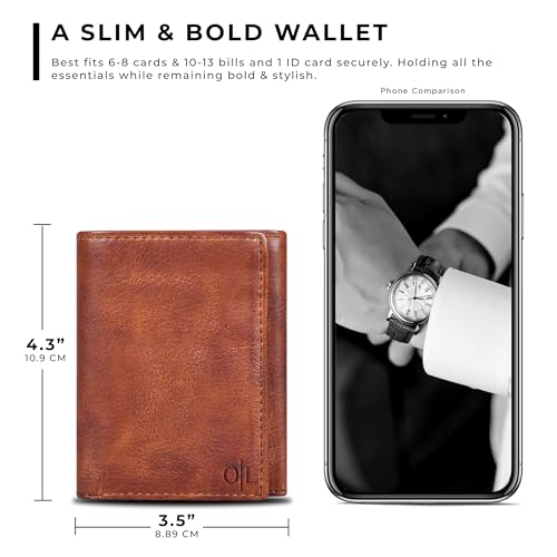 Trifold Leather Wallet for Men - RFID Slim Minimalist Front Pocket 6 Slots - color: Wash Tan