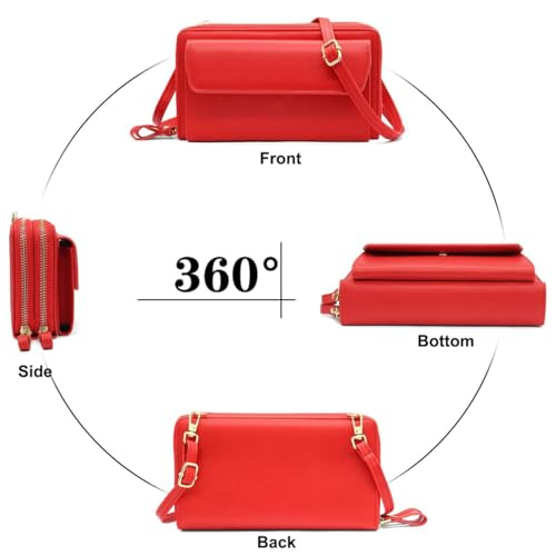 Women Leather Wallet Crossbody Shoulder Bag with Double Zipper and Mobile Phone Purse with Shoulder Strap - color: 109-red