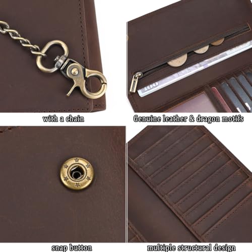 Motorcycle Chain Wallet for Men Tri-fold Long Biker Wallet with Heavy Duty Chain for Bikers Truckers Hunters - color: 09-Brown