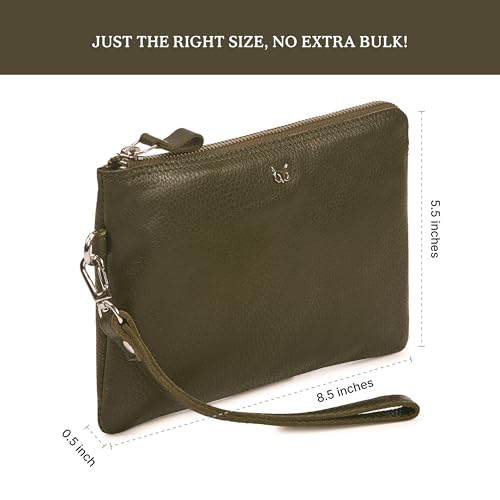 Leather Wristlet Wallet for Women Clutch Handbag Purse with Cell Phone Slot | Genuine Top Grain Leather, 8 Credit Card Slots, Detachable Strap, YKK Zipper, Gifts for Women - color: Olive Nappa