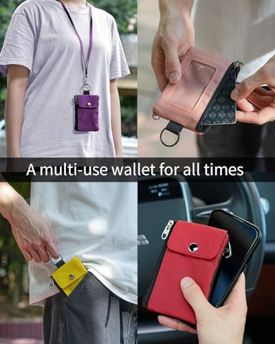 Artpaxy Minimalist Wallet For Mens Womens, Keychain RFID Blocking Zipper Small Wallet with ID Window 2 Lanyards,Water Resistant Travel Cash Card Coin Case Boys Girls - color: Purple
