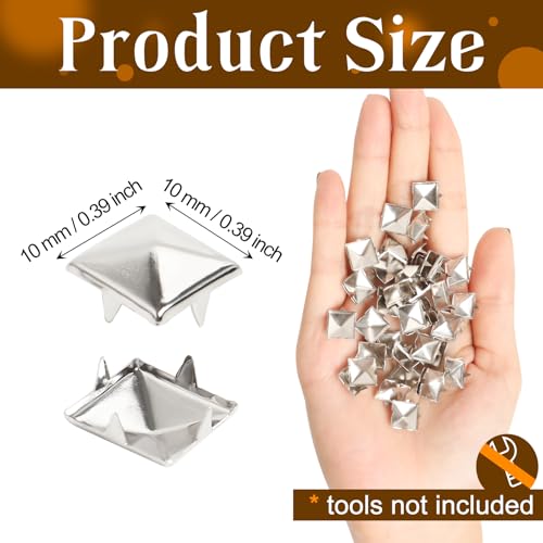 SBYURE 200 Pcs 10mm Silver Studs for Clothing Four-jaw Square Punk Spikes Pyramid Studs Rivets for Shoes, Jackets, Backpacks Leather Crafting