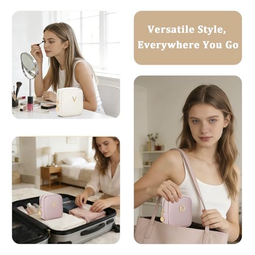 Initial Mini Makeup Bag Cosmetic Bag for Women | Personalized Gift, Toiletry Bags, 2 Mesh Pockets, Soft PU Leather, Water Proof Design, Smooth Zipper & Sturdy Build - size: 1pc Pink, style: S