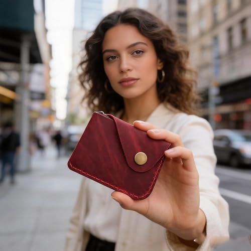 Handmade Genuine Leather Card Holder with Snap Closure - Ultra Slim Minimalist Wallet, Hand-Stitched Compact Front Pocket Card Case (Red) - color: Red
