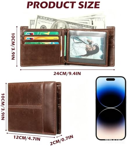 YINGWDA Wallet for Men, Large Capacity Genuine Leather Bifold RFID Blocking Wallet with Coin Pocket, Zipper Pocket Inside,14 Card Slots,1 Back pocket, ID Window & 2 Cash Pocket (Oil Coffee Brown) - color: Oil Coffee Brown