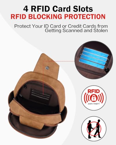 Large Sling Bag for Women, Designer 10L Leather Crossbody Purse | Anti Theft Sling Backpack, RFID Fanny Packs for Travel, Ideal for Vacation Walking Daily Errands - color: Camel Brown Nubuck Style