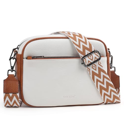 TANTOMI Small Crossbody Bag for Women, Vegan Leather Handbags Shoulder Bag for Travel, Cross Body Purse with Adjustable Strap - color: White/Light Brown