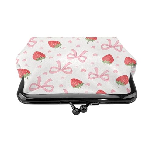 Kiss-lock Coin Purse for Women Change Purses Cute Small Coin Pouch Tiny Coin Wallet (Strawberry Coquette Bow) - color: Strawberry Coquette Bow
