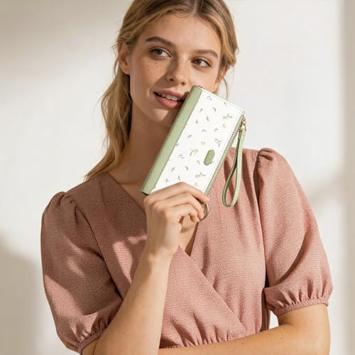 Womens Wallet Ultra Slim Floral Long Bifold Wallet for Women Card Holder with Zipper Pocket - color: C01 Green