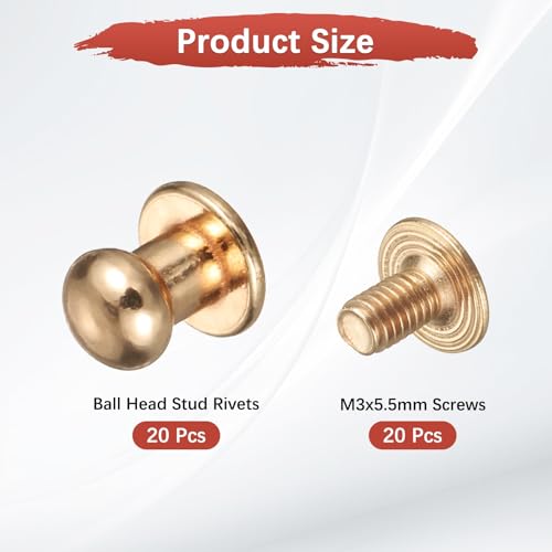 TIXIPEM 6mm Ball Head Stud Rivets Screw Back [20Pcs] - Metal Round Head Button Nipple Rivet Use for Bag & Belt & Handbag & Leather Craft & DIY Decoration - [Gold] - color: Gold, size: 6mm