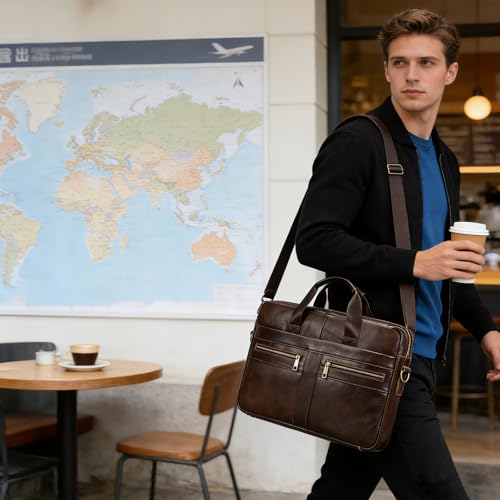 Genuine Leather Briefcase for Men, Laptop Computer Shoulder Bag With Strap, 15.6 Inch Business Travel Work Handbag - color: 3316 Brown