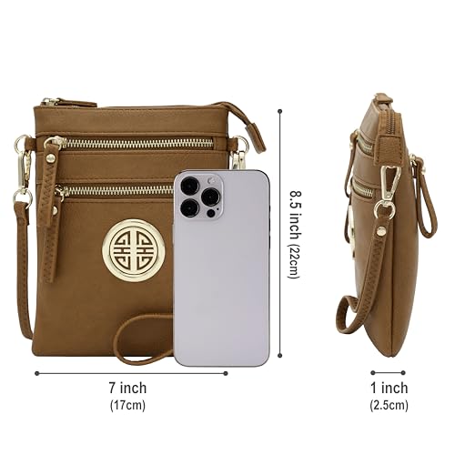 Small Multi Zipper Pockets Crossbody Bag with Detachable Wristlet - color: Tan