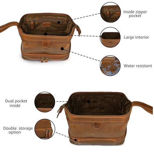 LEATHER VILLAGE Leather Toiletry Bag for Men, Travel Dopp Kit Shaving Bag | Full grain buffalo leather, two zip compartments, 9.6x5.5x5.1 in, YKK zippers, water-resistant lining, shaving kit- Tan - color: Sun Tan
