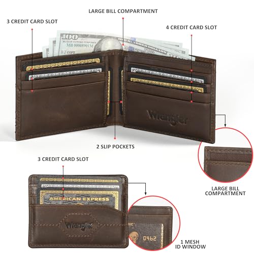 Wrangler Removable Passcase Wallet for Men, Bifold Tumbled Leather Wallet with RFID, Brown - color: Brown