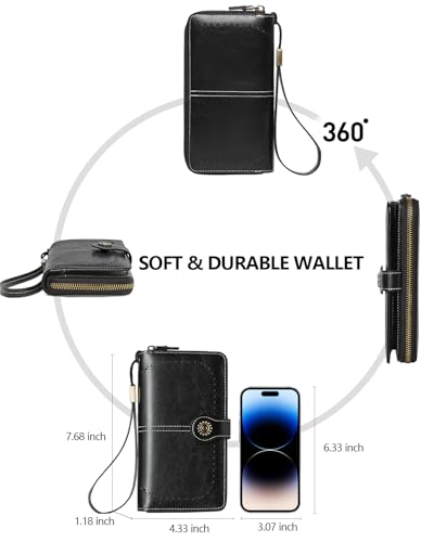 TFKGS Wallet for Women RFID Blocking Leather Large Capacity Card Holder Ladies Phone Clutch Travel Long Purse Wristlet | RFID Blocking - color: 2-Upgrade-Wax-Black