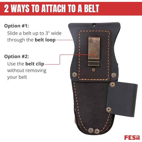 FESA Tool Belt Hammer Holder - Leather Multitool, Pliers & Hammer Holster with Pockets for Drill Bits or Markers - Heavy Duty Small Tool Pouch for Carpenters - Clip On Any Belt - Handcrafted - color: Brown