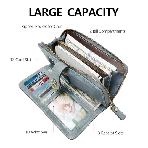 TFKGS Wallet for Women RFID Blocking Leather Large Capacity Card Holder Ladies Phone Clutch Travel Long Purse Wristlet | RFID Blocking - color: 1-Blue