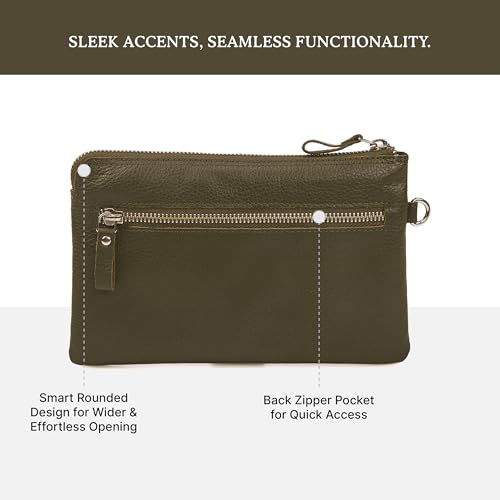 Leather Wristlet Wallet for Women Clutch Handbag Purse with Cell Phone Slot | Genuine Top Grain Leather, 8 Credit Card Slots, Detachable Strap, YKK Zipper, Gifts for Women - color: Olive Nappa