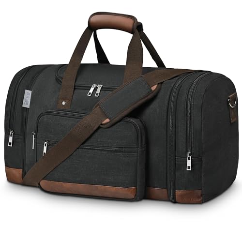50L Expandable Canvas Duffle Bag Weekender Travel Carry On Gym | Large Capacity, Multiple Pockets, Detachable Strap, Travel Duffel Bags Women Men,Duffle Bags for Traveling - color: Black