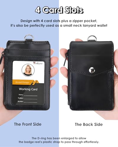 Teskyer Leather ID Badge Holder with Lanyard, Lanyard Wallet, Black - color: Black, size: 3.1" x 4.7"