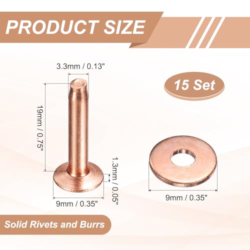 HARFINGTON 15Set Copper Rivets and Burrs Washers 9x3.3x19mm Dimpled Finish Solid Leather Rivet Fastener Studs Posts for Leather DIY Craft Belts Wallets Collars, Copper Tone - color: Copper Tone, size: 9x3.3x19mm