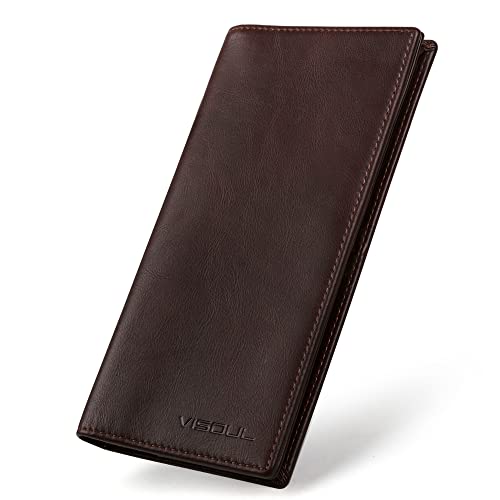 VISOUL Leather Checkbook Cover Wallet for Men with RFID Blocking, Mens Long Bifold Cash Tall Wallet with 11 Credit Card Slots 1 ID Window (Coffee) - color: Coffee