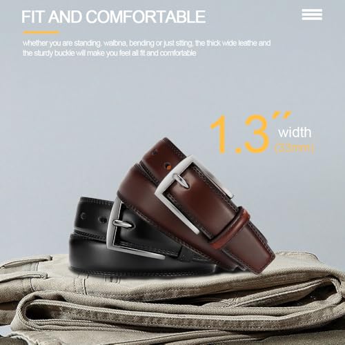 Men's Genuine Leather Dress Belts, 2 Pack, 1.32" Wide, | 100% genuine cowhide leather, handcrafted with classic prong buckles for business, casual, office, suit, jeans and daily wear - color: 05 Black Belt/Curry Belt, size: Fits 30" to 34" waist