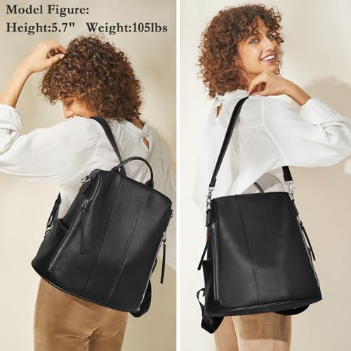 S-ZONE Leather Backpack Purses for Women Antitheft Rucksack Shoulder Bag Medium | Genuine Leather, Medium Fits 9.7-inch Tablet, for Work Travel Daily Commute, Multi Pockets, Adjustable Dual Straps - color: 2-black