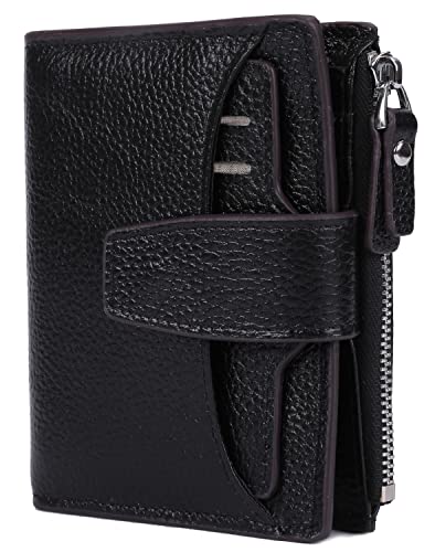 Women's RFID Blocking Leather Small Compact Bi-fold Zipper Pocket Wallet Card Case Purse with id Window - color: Lichee Black