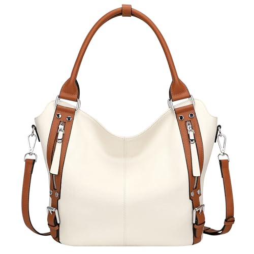 Genuine Leather Pueses for Women Large Hobo Bags Muti Pockets | Crossbody Tote Bags with Top Handles, Key Leash, Adjustable Straps for Shoulder/Handbags/Tote, Daily - color: 05-beige/Brown