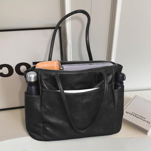 Large Tote Bag for Women Work Vegan Leather 23L Tote Purse Zipper | Ladies Handbags, Weekender Bag, Big Capacity, 2 Side Pockets, Travel, Shoulder Bag with Key Leash, Dating, Shopping, College - color: A2-black