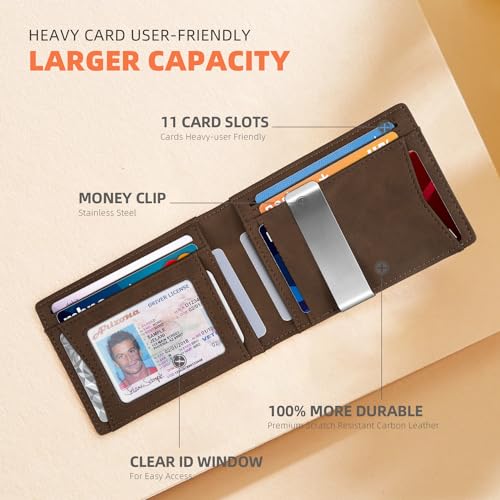 RUNBOX Slim Wallet for Men - RFID Blocking Leather Bifold with Money Clip | Minimalist Front Pocket Wallet Holds 11 Cards,Slim Thin Design,RFID Blocking Protection, Practical Birthday Gifts for Men - color: Bicolor Crazy Horse Coffee