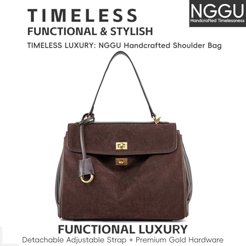 Suede & Leather Tote Bag for Women,Soft Leather Shoulder Handbags for Ladies,Satchel Purse for Travel Work - color: M Coffee & Gold Clasp