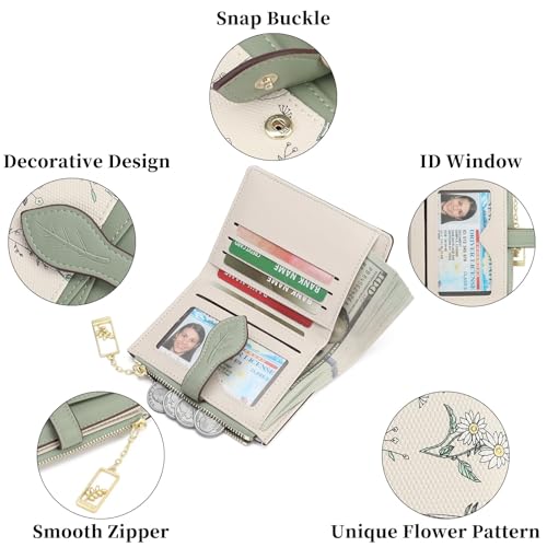 GAEKEAO Small Wallets for Women RFID Blocking Bifold Floral Vegan Leather Wallet Card Holder with Zipper Pocket ID Window - color: A01-Green