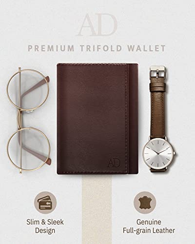 Trifold Wallets for Men - Slim RFID Blocking Wallet for Securing Personal Data - Front Pocket Friendly Genuine Leather Wallet - Mens Wallets Trifold with ID Window - Tri Fold Wallet Gifts for Men - color: Brown