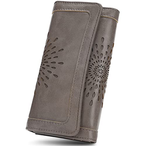 APHISON Womens Wallets RFID Blocking Leather Clutch Long Wallet for Women Card Holder Phone Organizer Ladies Travel Purse Hollow Out Sunflower Design Gift - color: dark-gray