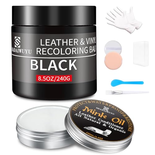 SHADAIWUYU 8.5oz Leather Recoloring Balm with 100ml Mink Oil,Black Leather Repair kit for Furniture and Car Interior,Leather Couch Scratch Repair,Leather Dye Paint,Mink Oil for Leather - color: Black, size: Leather Recoloring Balm+Mink Oil