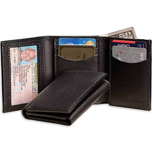 Bullhide Belts Full Grain Bridle Leather Trifold Wallet Black | ID window, Made in USA - color: Black
