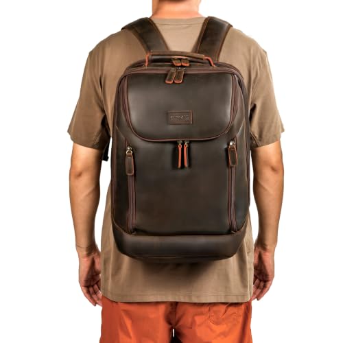 Polare Full Grain Leather Backpack for Men, 17.3" Laptop Business Travel Backpack with YKK Zippers, Vintage Carry On Work Bag for Office, Commuting, Overnight Trips & Daily Travel