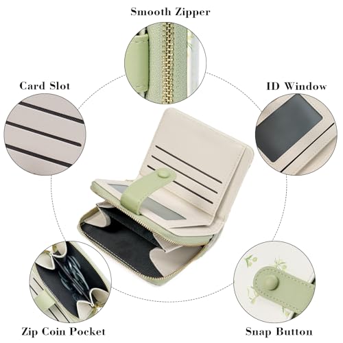GAEKEAO Small Wallet for Women Vegan Leather Bifold Card Holder RFID Blocking Ladies Purse Floral Pattern with Zipper Pocket - color: Y05-Green