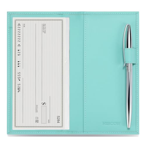 HISCOW Leather Checkbook Cover for Duplicate Checks with Pen Holder - color: Teal