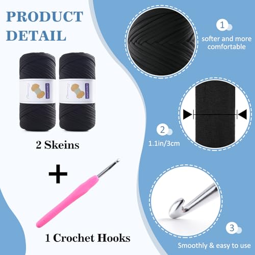 2 Pack T Shirt Yarn for Crocheting with 1 Crochet Hook, Elastic Tshirt Yarn for Crochet Bag/Baskets/Home Decor, Spaghetti Yarn Thick Knitting Yarn Total Length 130 Yds, Weight 14 Oz (Dark Gray) - color: Dark Gray