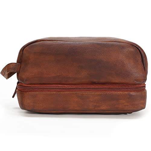 Premium Handmade Leather Toiletry Bags for Men and Women, Genuine Leather Dopp Kit and Shaving Bag for Men, Travel Cosmetic Bag for Womens and Mens, Retro - Dark Brown - color: Retro - Brown (Large)
