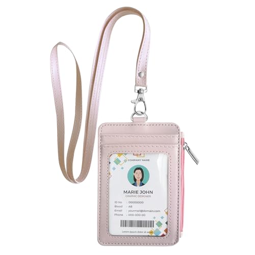 bolimoss 2-in-1 ID Badge Holder & Lanyard Wallet Women Girl Leather Vertical ID Badge Card Holder with Detachable Neck Lanyard, 1 Clear ID Window, 4 Credit Card Slots, 1 Cash Coin Slot Light Pink - color: Light Pink