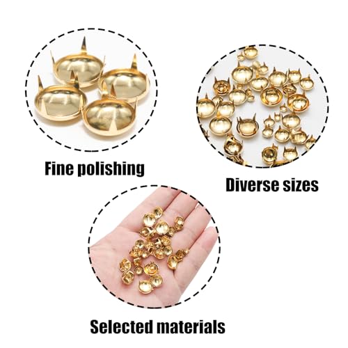 Pine & Linen 200Pcs Gold Durable Round Dome Studs, Claw Rivets Metal Nailheads, Assorted Spike Studs for Leather Craft Clothes/Bags/Shoes（4mm/6mm/8mm/10mm/12mm） - color: Gold