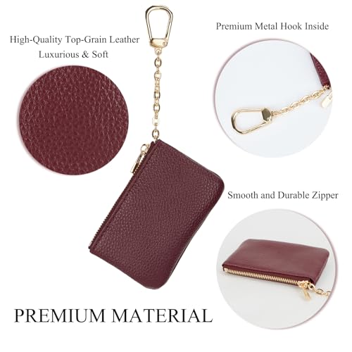 Full Grain Leather Coin Purse with Key Chain - Small Change Purse Keychain Card Holder Keychain Pouch Small Keychain Wallet for Women and Men (Burgundy) - color: Burgundy, Regular Size