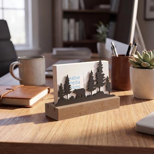 CroBlissful 2 Pcs Bear Business Card Holders for Desk, Wood&metal Black Cabin Bear Forest Silhouette Business Card Display Stand for Home Office - size: Wood, style: Bear
