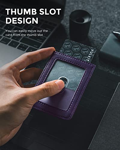 VULKIT ID Badge Holder with Lanyard for Women and Men Vertical Leather Badge Holder with Clear ID Window Card Holder Slot and Money Pocket Purple - color: Purple