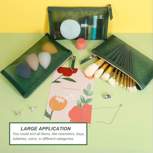 Mesh Cosmetic Bag, 4pcs Nylon Makeup Pouches with Leather Pull and Golden Zipper for Purse Diaper Bag (Emerald Green) - size: Flat