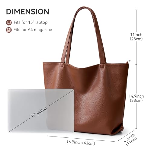 WLLWOO Soft Vegan Leather Tote Bag for Women Large Hobo Zipper Purse | Casual Shoulder Handbags Carryall for Work Daily Weekender Travel Commute - color: Brown